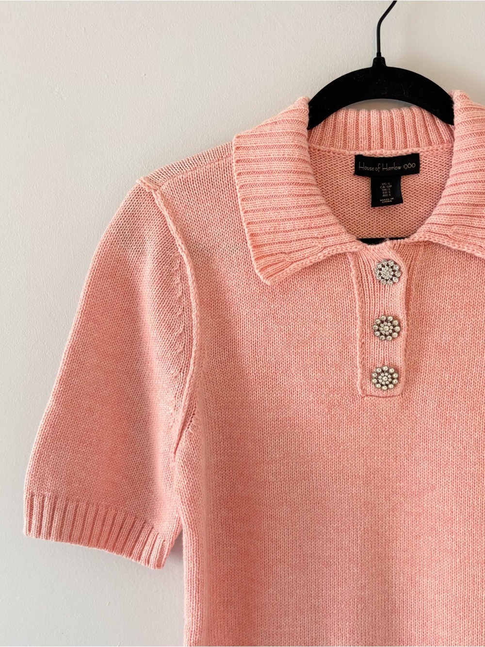 House of Harlow 1960 NEW Wool Short-Sleeve Sweater Knit Top Collared Pink - Picture 2 of 5